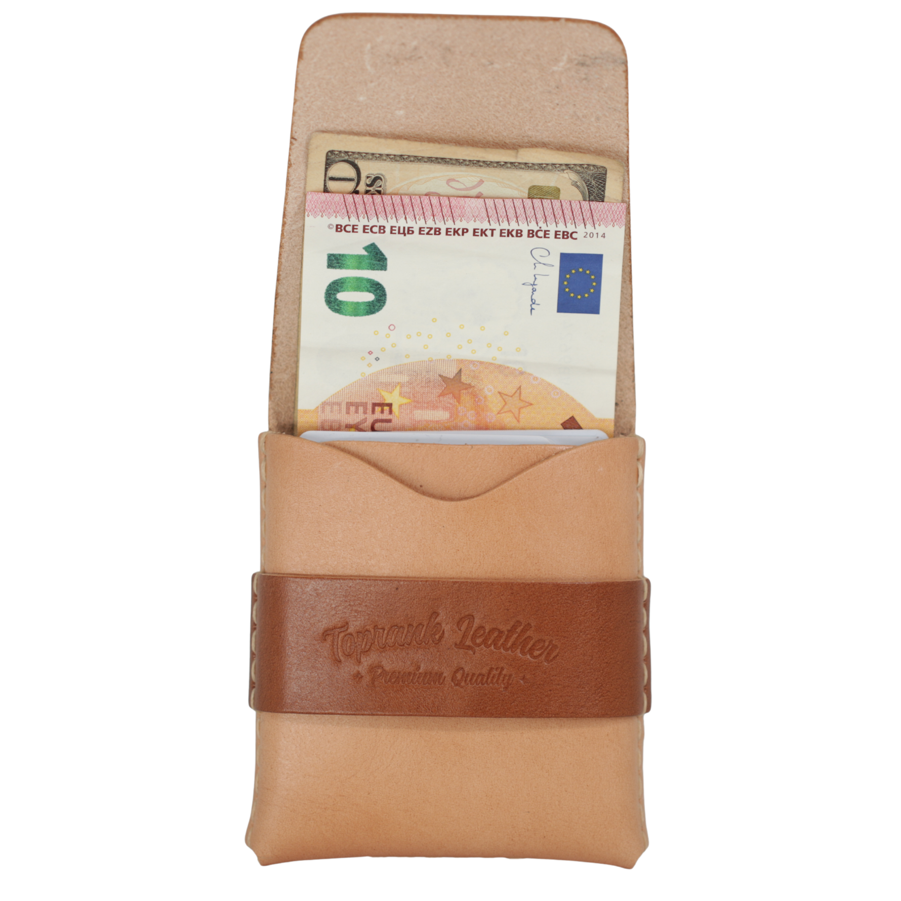 Slade Classic Bench Edition in Natural with the brown two-tone band embossed Toprank Leather, shown open with banknotes in the top slot. 