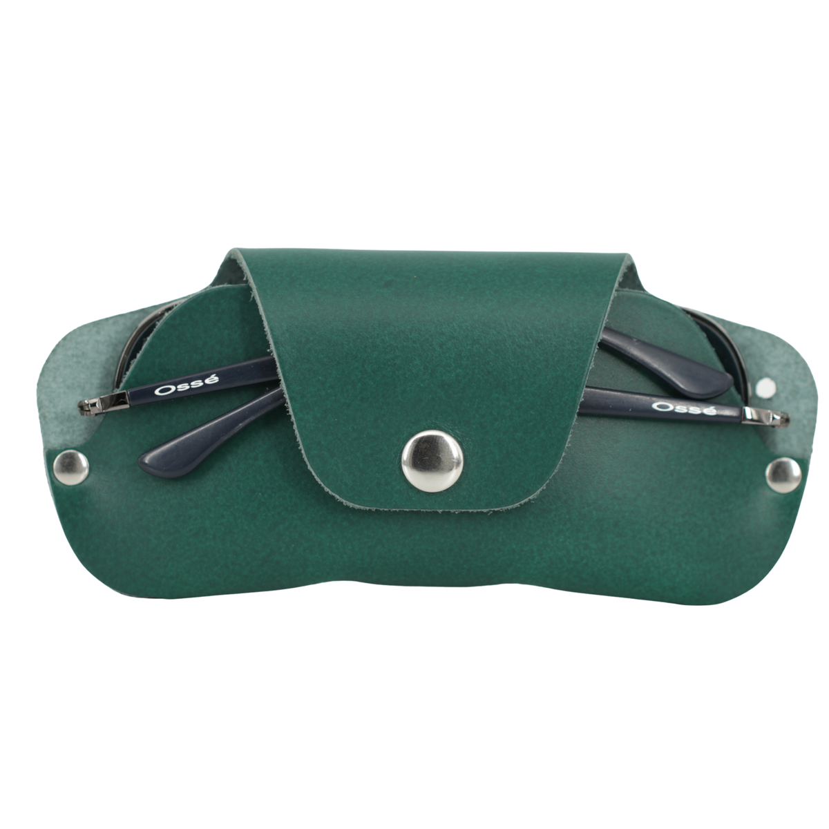 Green sunglasses case with silver buttons on a white background 