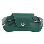 Green sunglasses case with silver buttons on a white background 