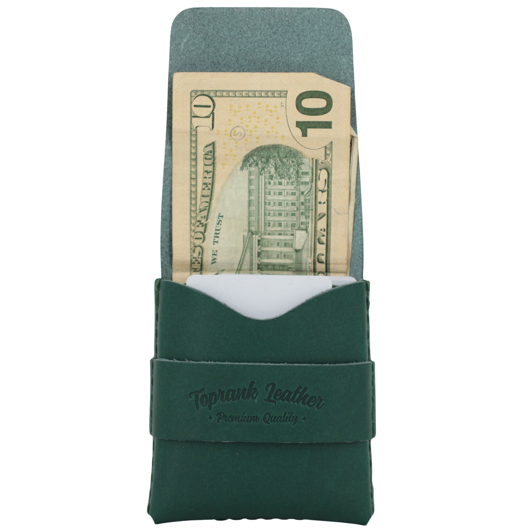 Green leather money clip with a $10 bill inside on a white background 