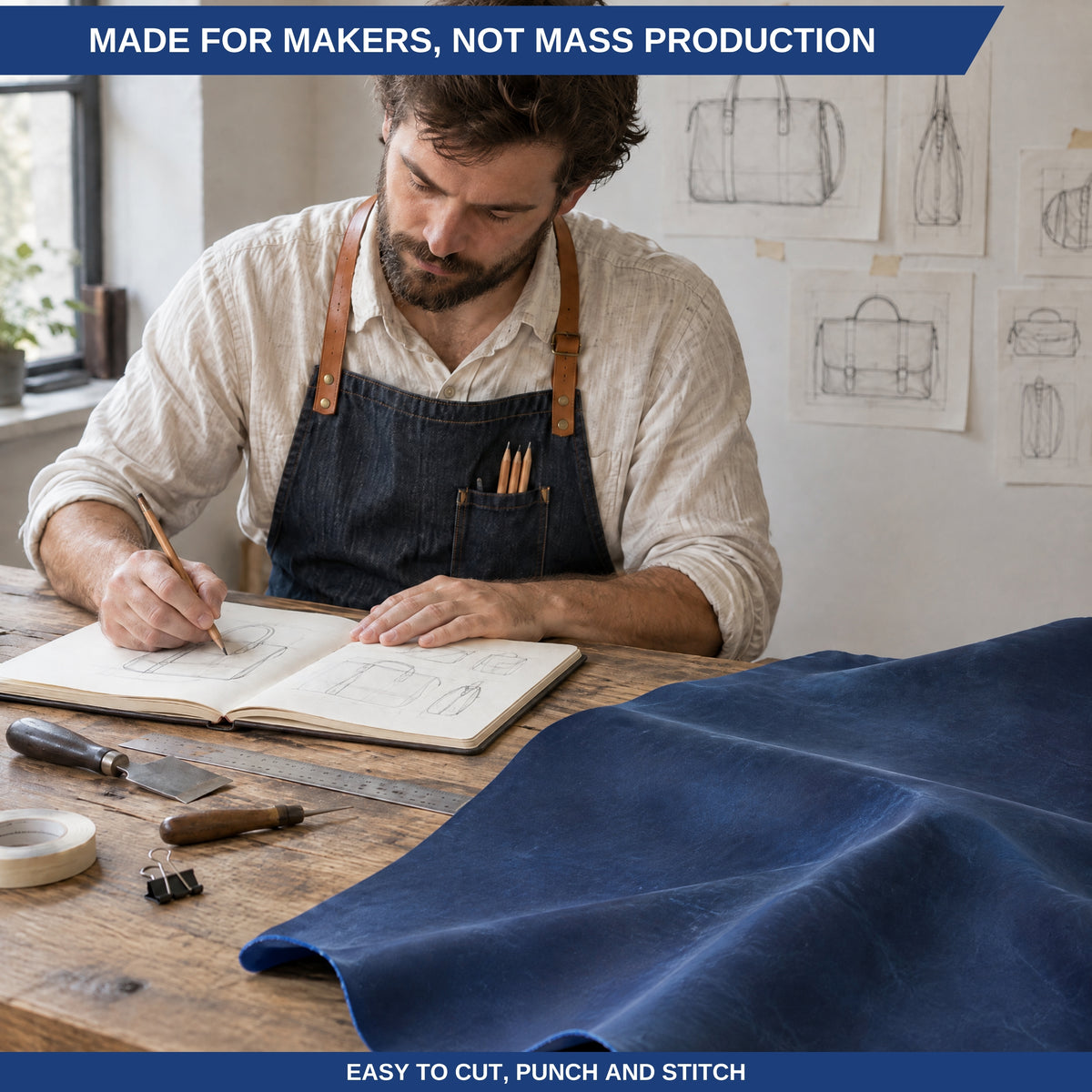 A man in a denim apron sits at a wooden workbench writing in a notebook beside a large folded piece of dark blue leather or fabric. Tools and sketch drawings are visible on the table and wall, with text banners reading 'MADE FOR MAKERS, NOT MASS PRODUCTION' and 'EASY TO CUT, PUNCH AND STITCH'. 