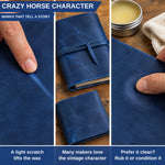 Three-panel product demonstration collage showing a blue leather notebook or journal with a thumb pressing into the leather to show texture and character. Text overlays discuss leather marks and conditioning, with one panel including a small tin of cream and a cloth on a wood surface. 