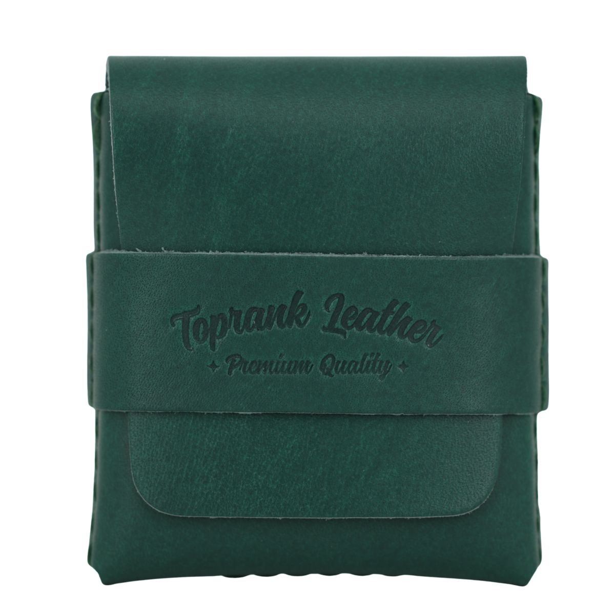Green leather pouch with 'Toprank Leather Premium Quality' branding on a white background 
