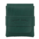 Green leather pouch with 'Toprank Leather Premium Quality' branding on a white background 