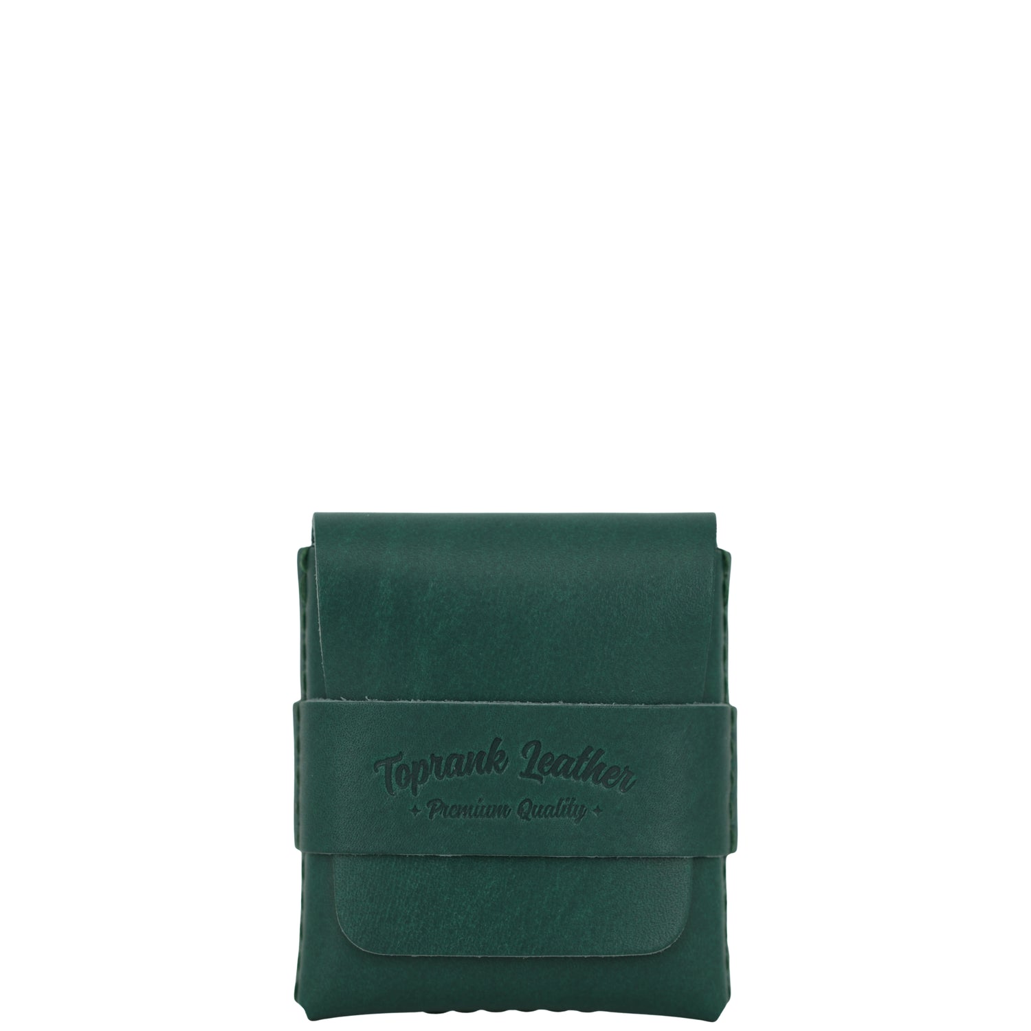 Green leather pouch with 'Toprank Leather' branding on a white background