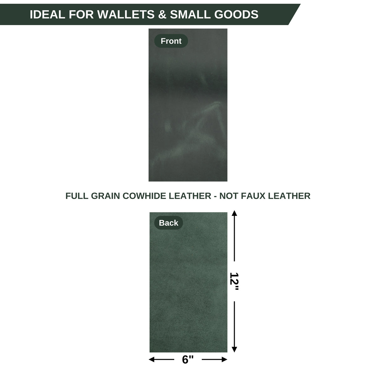 A product information graphic showing a dark green leather sample labeled Front and Back, with text stating 'IDEAL FOR WALLETES & SMALL GOODS,' 'FULL GRAIN COWHIDE LEATHER - NOT FAUX LEATHER,' and dimensions '12"' and '6"'. 