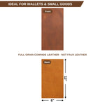 A product information graphic showing two leather swatches labeled Front and Back on a white background, with text stating 'IDEAL FOR WALLETES & SMALL GOODS' and 'FULL GRAIN COWHIDE LEATHER - NOT FAUX LEATHER.' The lower swatch includes dimension arrows and labels indicating 12 by 6 inches. 