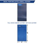A product information graphic showing a rectangular leather sample labeled Front and Back on a white background, with text stating 'IDEAL FOR WALLETS & SMALL GOODS,' 'FULL GRAIN COWHIDE LEATHER - NOT FAUX LEATHER,' dimensions '12" tall by 6" wide,' and a blue arrow indicating height. 