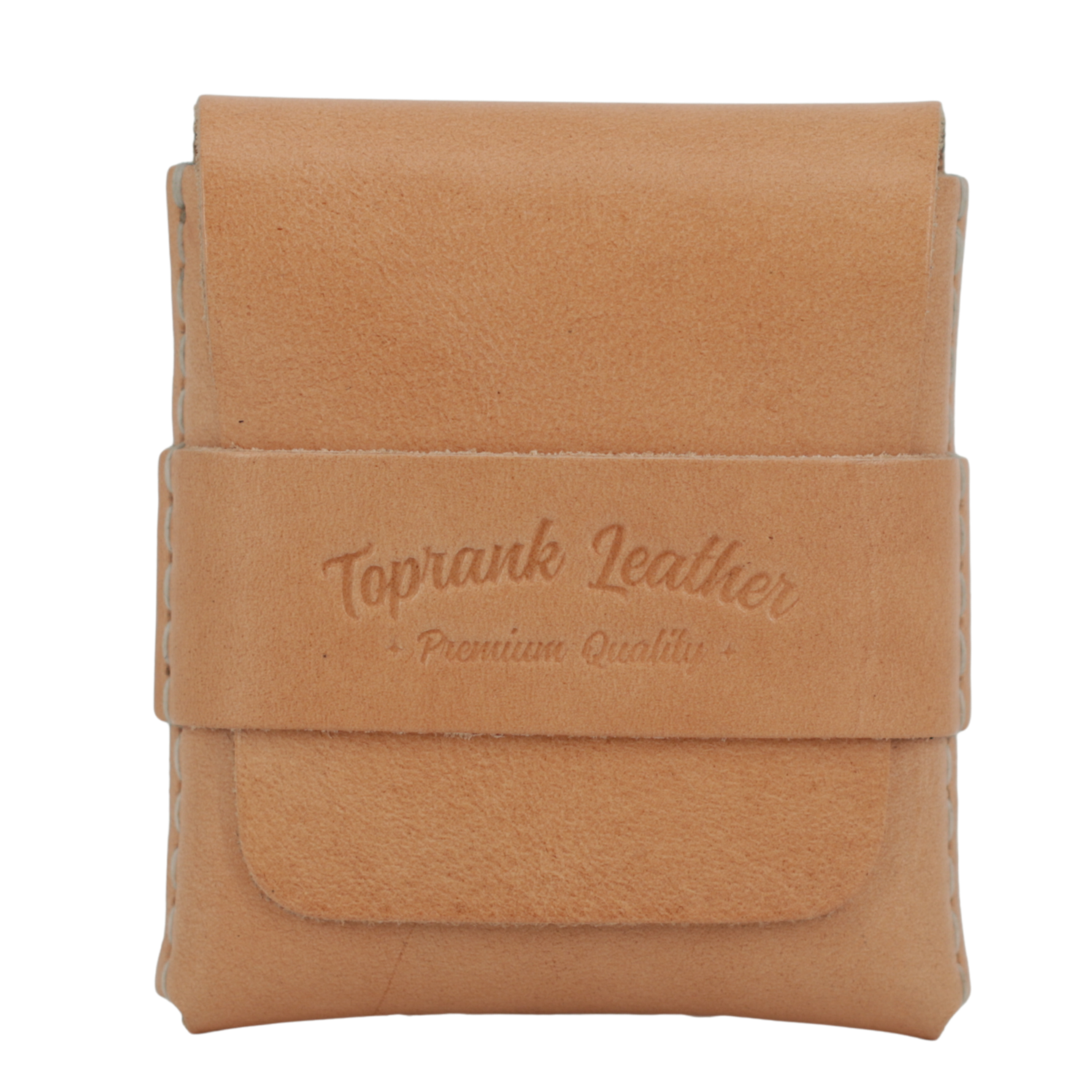 Tan leather wallet with 'Toprank Leather' branding on a white background 
