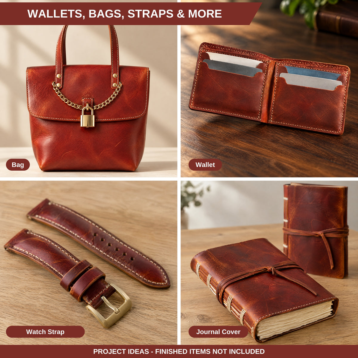 A 2x2 collage showing leather accessories: a brown leather handbag with a chain strap and padlock, an open bifold wallet with card slots, a matching brown leather watch strap, and a brown leather journal cover tied around a book. 