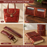 A 2x2 collage showing leather accessories: a brown leather handbag with a chain strap and padlock, an open bifold wallet with card slots, a matching brown leather watch strap, and a brown leather journal cover tied around a book. 