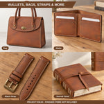 A 2x2 collage showing brown leather accessories: a structured handbag labeled 'Bag', an open bifold wallet labeled 'Wallet', a matching brown leather watch strap labeled 'Watch Strap', and a journal cover labeled 'Journal Cover'. The collage has a brown header and footer reading 'WALLETS, BAGS, STRAPS & MORE' and 'PROJECT IDEAS - FINISHED ITEMS NOT INCLUDED'. 