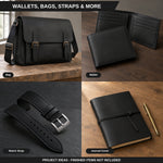 A 2x2 collage showing black leather accessories and related items: a black crossbody bag, an open black wallet, a black watch strap with silver buckle, and a black journal cover with a pen on a wooden surface. Text labels identify each item, and the top header reads 'WALLETS, BAGS, STRAPS & MORE' with a note that project ideas/finished items are not included. 