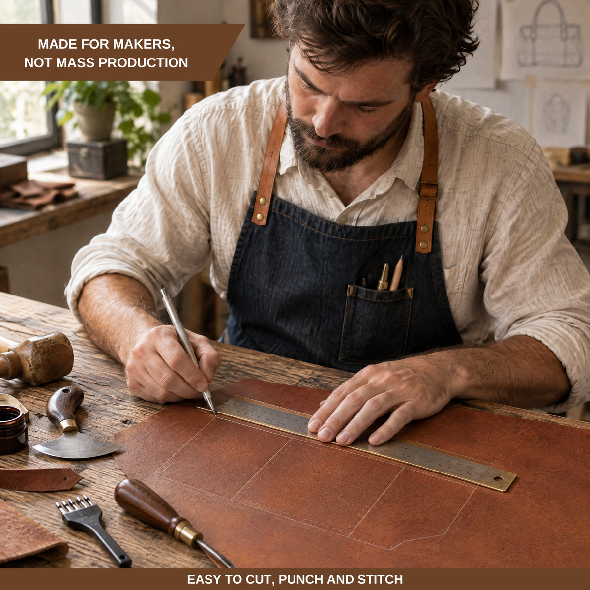 A bearded man in a workshop wearing a denim apron over a cream shirt, using a metal ruler and pencil to mark a piece of brown leather. The scene includes leatherworking tools on a wooden table, with text banners at the top and bottom reading 'MADE FOR MAKERS, NOT MASS PRODUCTION' and 'EASY TO CUT, PUNCH AND STITCH'. 