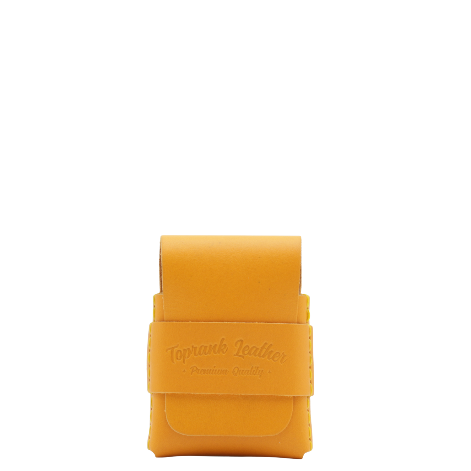 Yellow leather pouch with 'Toprank Leather' branding on a white background