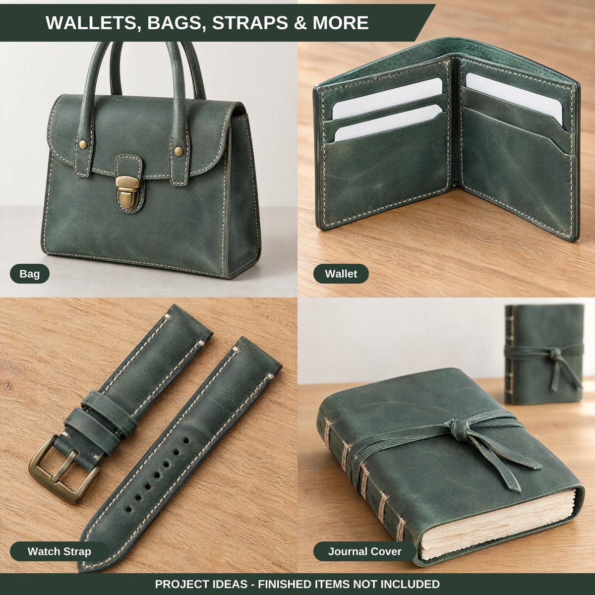 A 2x2 collage showing a dark green leather journal cover and matching accessories on a wood surface. Top-left shows the bag-like cover closed with handles and a clasp; top-right shows the same material opened as a wallet with card slots; bottom-left shows a matching leather watch strap with brass buckle; bottom-right shows the journal cover tied with a ribbon and stacked with books. 