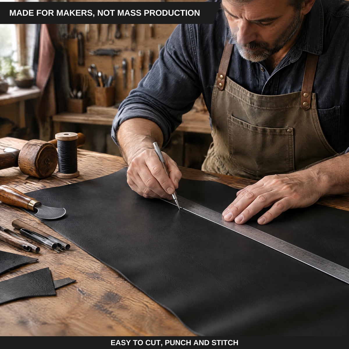 A leatherworker in a workshop marks a large black leather sheet with a metal ruler and pencil. Text at the top reads 'MADE FOR MAKERS, NOT MASS PRODUCTION' and text at the bottom reads 'EASY TO CUT, PUNCH AND STITCH'. 