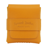 Yellow leather pouch with 'Toprank Leather Premium Quality' embossed on a white background 