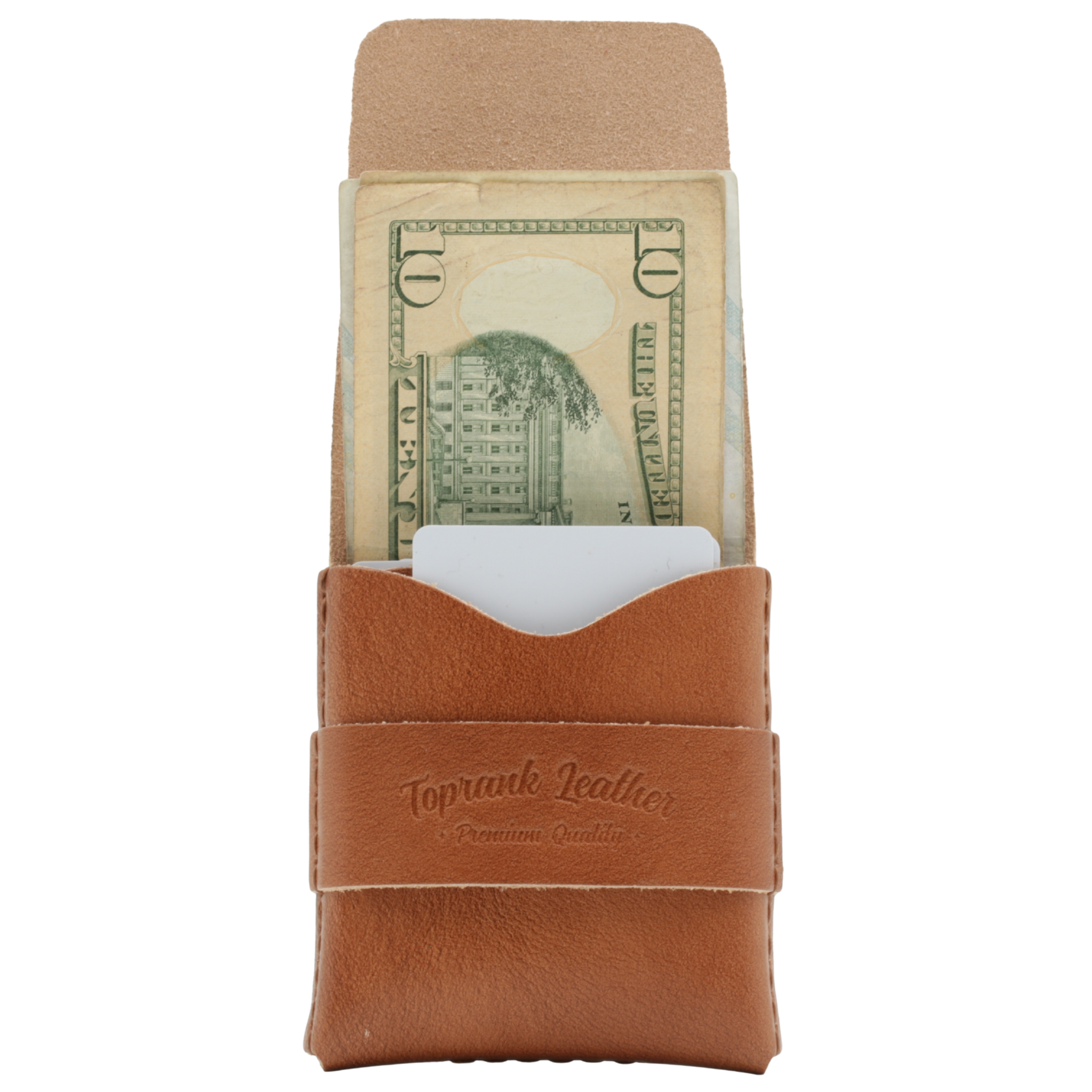 Brown leather money clip with a dollar bill inside on a white background 