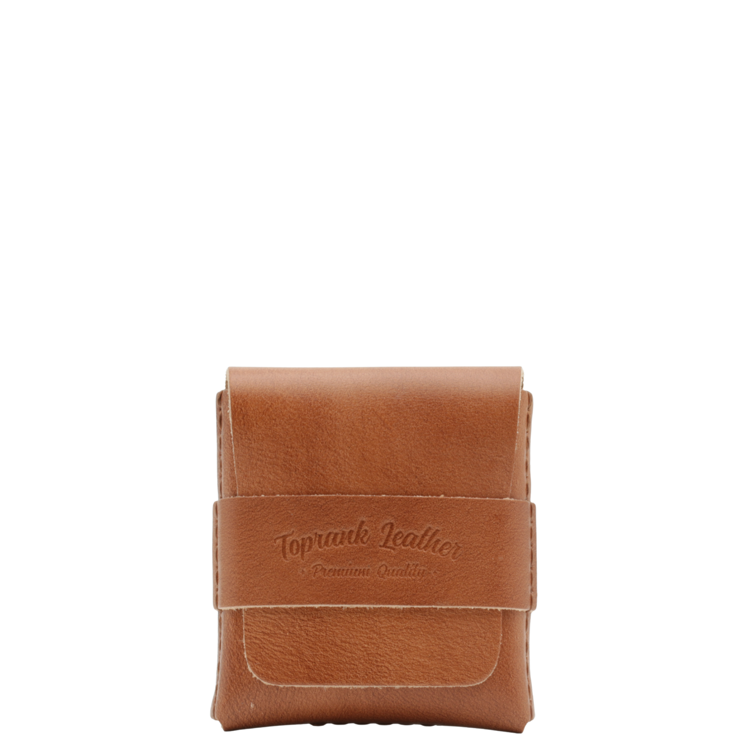 Brown leather pouch with 'Toprank Leather' branding on a white background