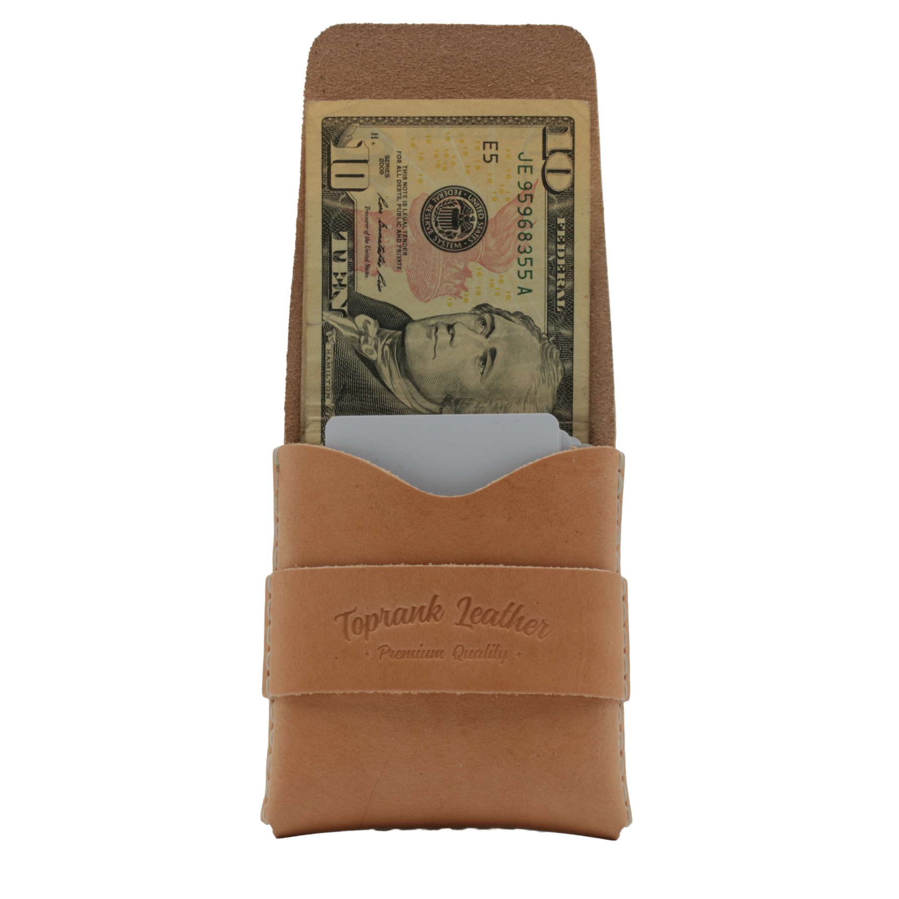 Brown leather money clip with a dollar bill on a white background 