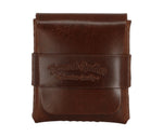 Slade Classic leather strap wallet in Dublin Tan, closed, with the strap embossed with the Toprank Leather Premium Quality stamp. 