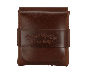 Slade Classic leather strap wallet in Dublin Tan, closed, with the strap embossed with the Toprank Leather Premium Quality stamp. 