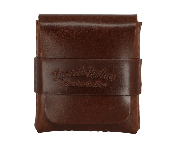Slade Classic leather strap wallet in Dublin Tan, closed, with the strap embossed with the Toprank Leather Premium Quality stamp. #Dublin-Tan