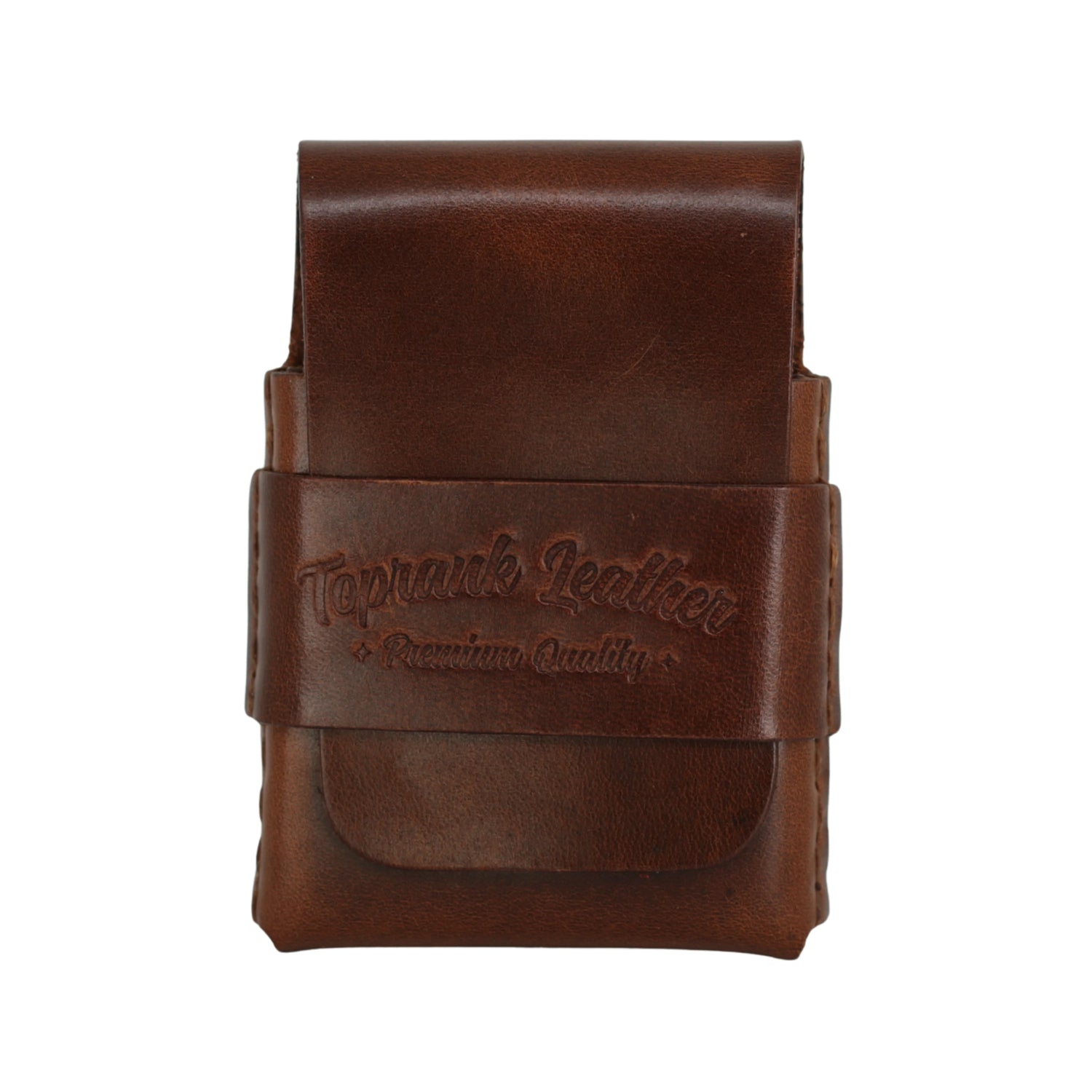 A brown leather card holder or wallet with a front strap closure embossed with the brand name 'Toprank Leather'.
