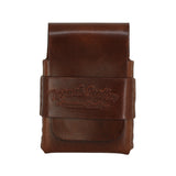 A brown leather card holder or wallet with a front strap closure embossed with the brand name 'Toprank Leather'. 