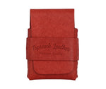 A red leather pouch with a strap closure, featuring the debossed brand name 'Toprank Leather' and the phrase 'Premium Quality' on the front, set against a plain white background. 