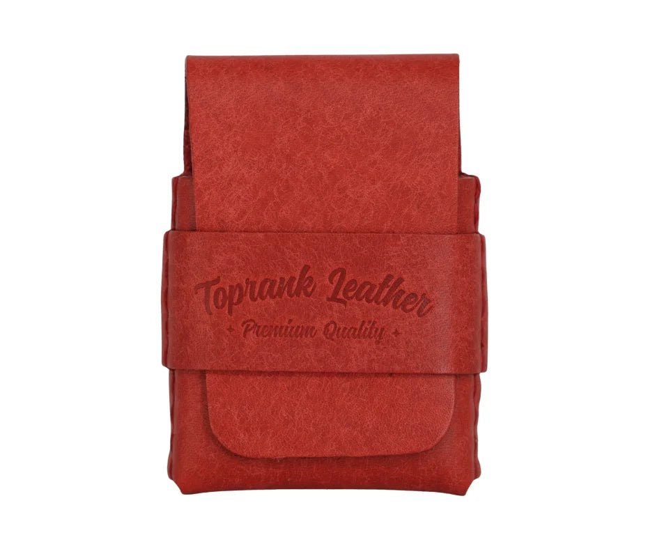 A red leather pouch with a strap closure, featuring the debossed brand name 'Toprank Leather' and the phrase 'Premium Quality' on the front, set against a plain white background. 