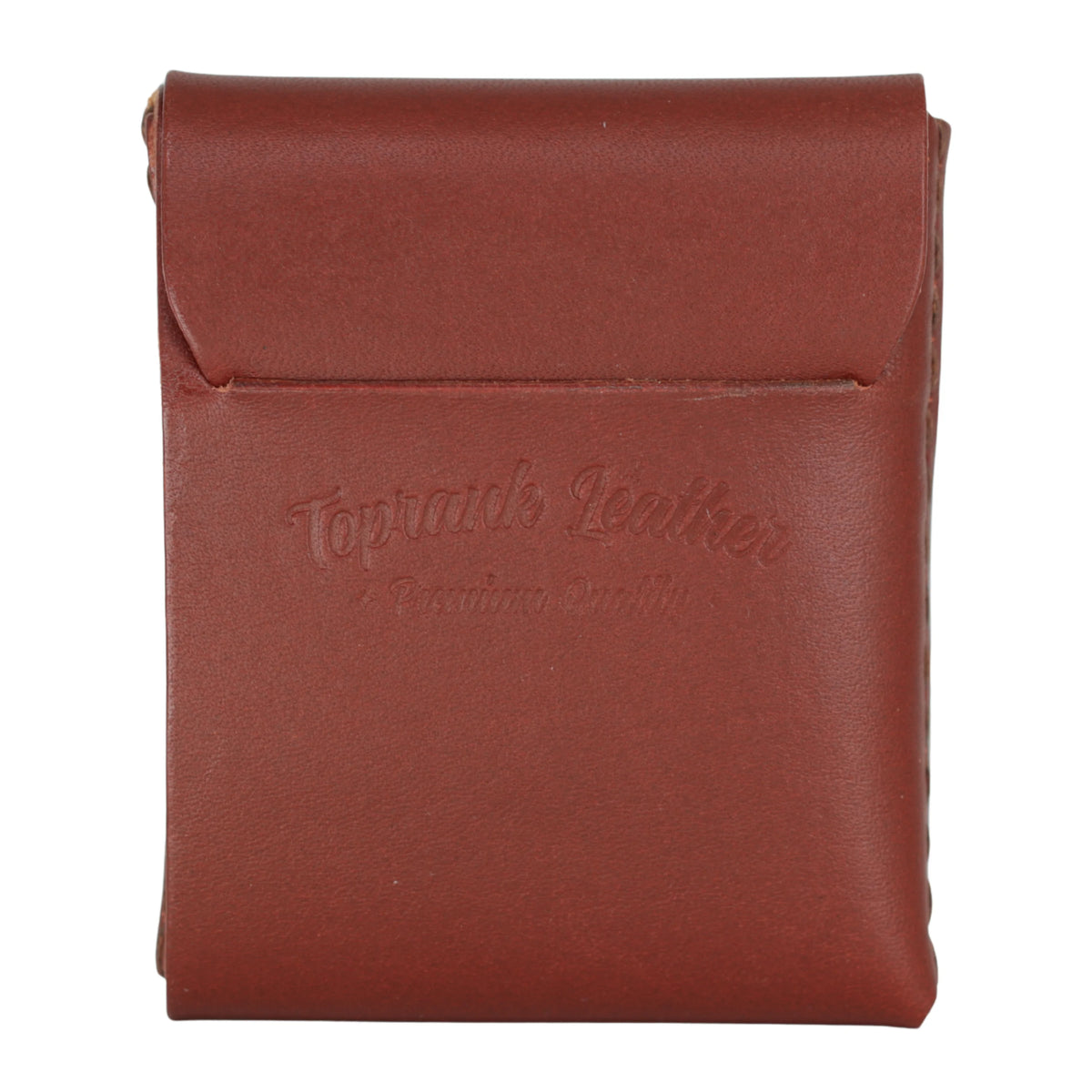 Gable leather flap wallet in Cognac closed, with the embossed Toprank Leather logo on the flap. 