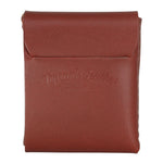 Gable leather flap wallet in Cognac closed, with the embossed Toprank Leather logo on the flap. 