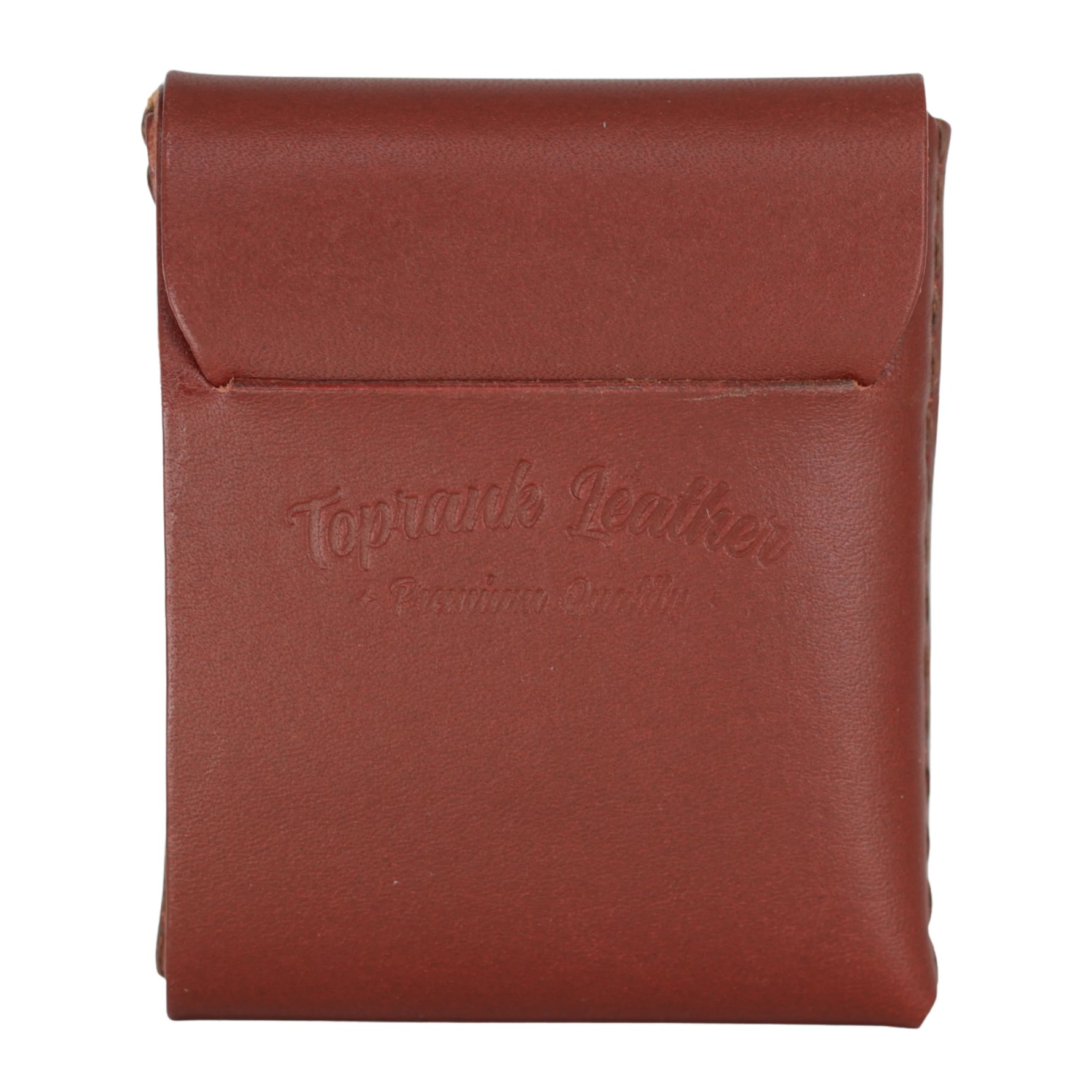 Gable leather flap wallet in Cognac closed, with the embossed Toprank Leather logo on the flap. 