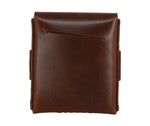 A dark brown leather pouch with a front slip pocket, shown against a plain white background. 