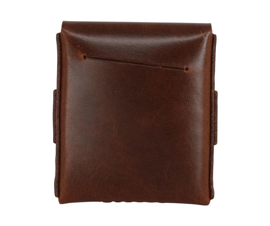 A dark brown leather pouch with a front slip pocket, shown against a plain white background.