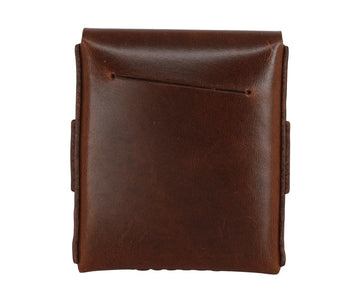 A dark brown leather pouch with a front slip pocket, shown against a plain white background. 