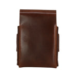 A dark brown leather card holder or wallet with a vertical fold and stitched edges, shown flat against a solid white background. 