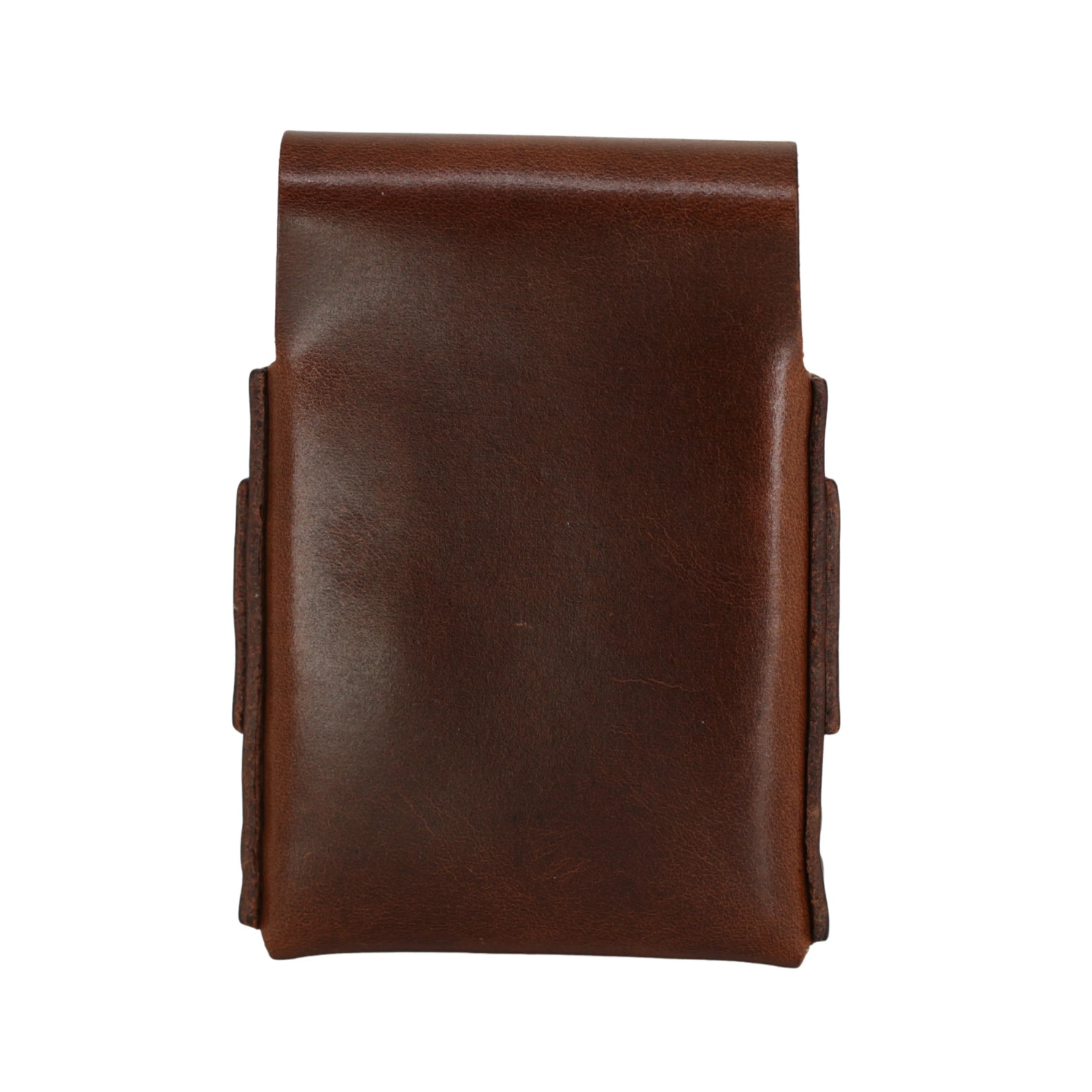 A dark brown leather card holder or wallet with a vertical fold and stitched edges, shown flat against a solid white background. 