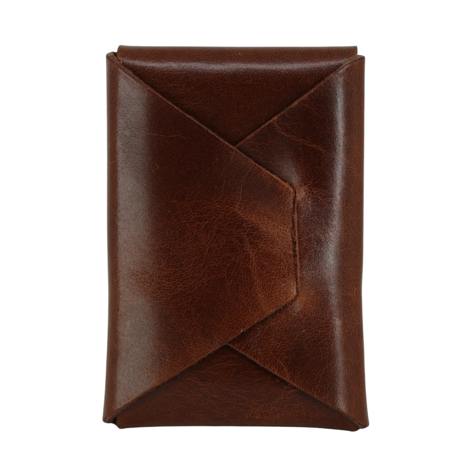 Flint Slim card holder open, showing the envelope-style flap folded from a single leather panel