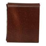 A brown leather wallet or notebook cover, folded and shown from the front on a plain white background. 