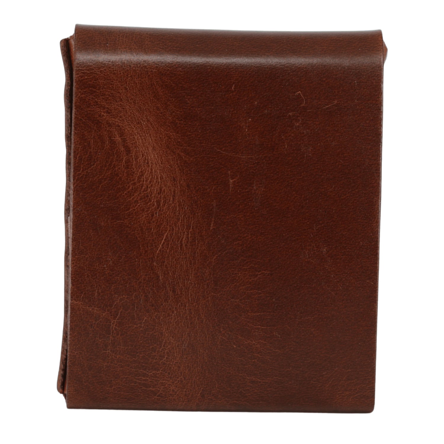 A brown leather wallet or notebook cover, folded and shown from the front on a plain white background.
