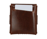 A brown leather card holder wallet with a white card partially inserted into the top card slot, shown against a plain white background. 