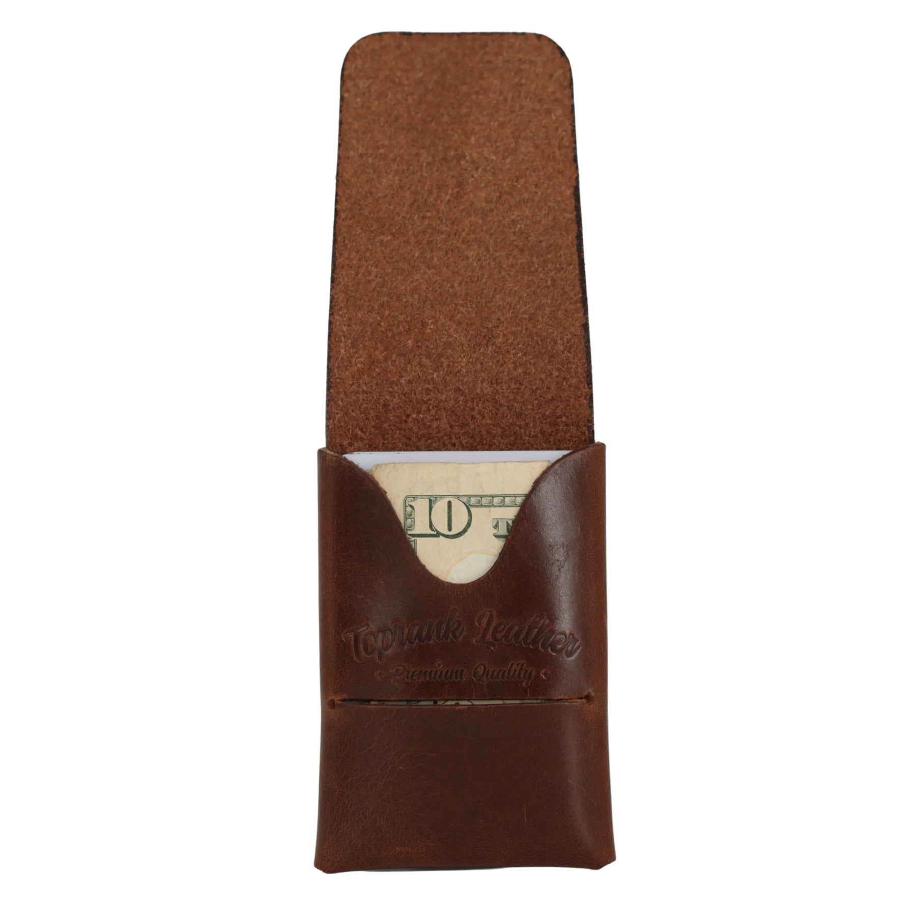 Flint Slim in Dublin Tan holding a folded bill, with embossed Toprank Leather logo 