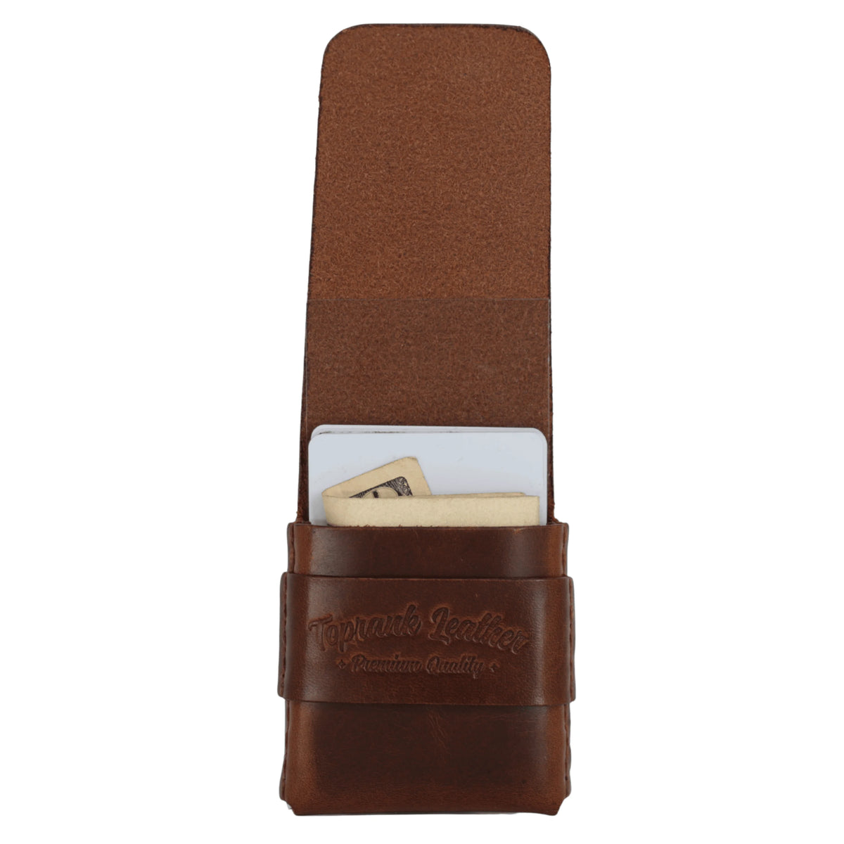 Slade Slim leather card holder in Dublin Tan shown open with cards partially visible, the strap embossed with the Toprank Leather stamp. 