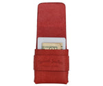 A red leather money clip wallet with a US dollar bill partially inserted, featuring the embossed brand name 'Toprank Leather' on the front strap, set against a plain white background. 