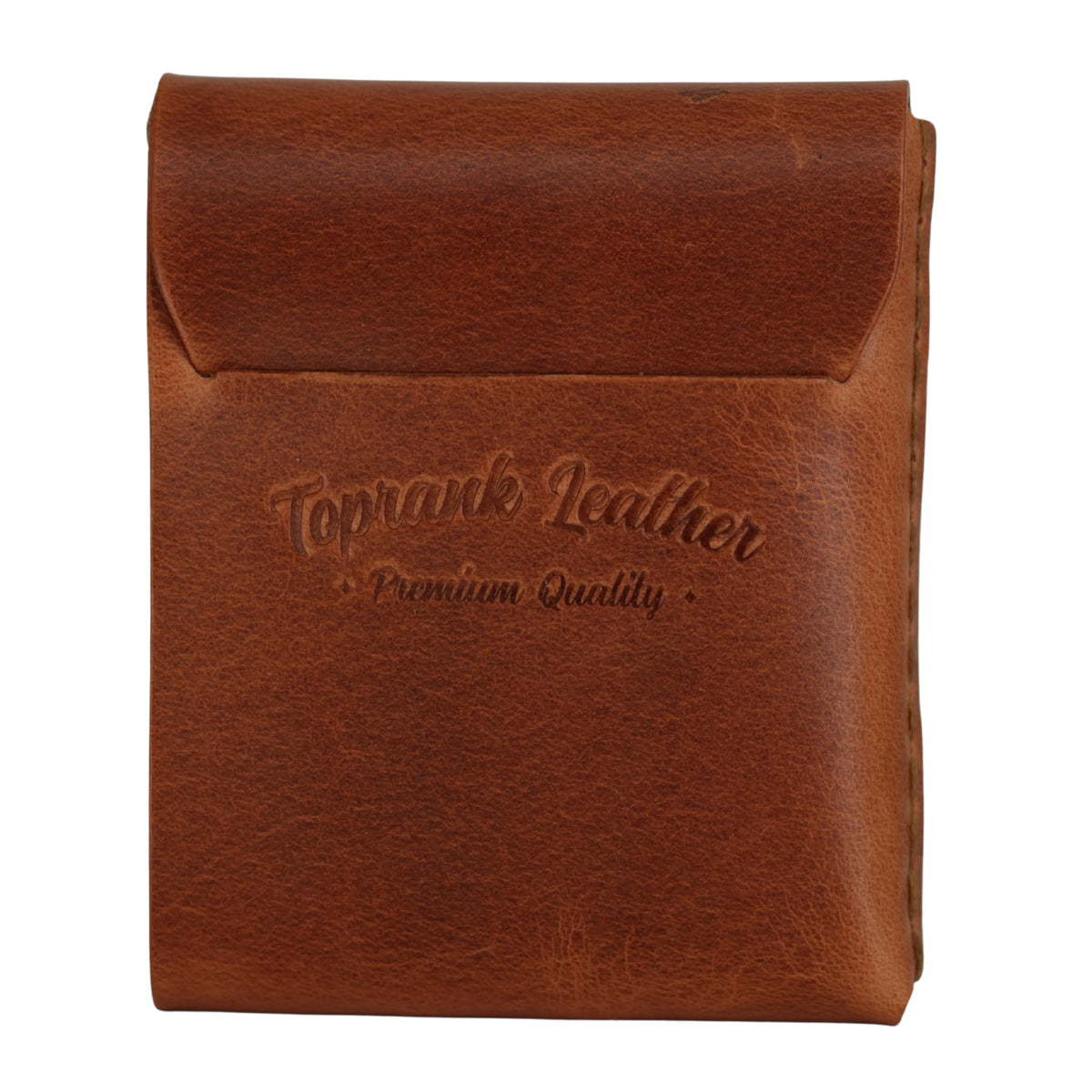 A brown leather pouch with a flap closure, embossed with the brand name 'Toprank Leather' and the phrase 'Premium Quality' on a plain white background. 