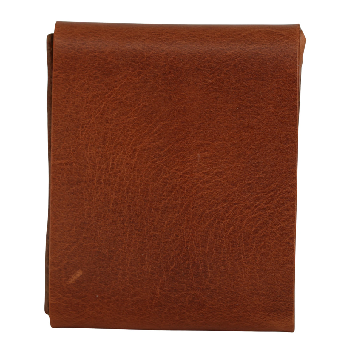 A brown leather wallet or card holder with a textured grain, shown folded flat against a plain white background. 