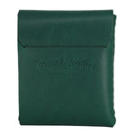 Gable full grain leather flap wallet in Green, closed, with the embossed Toprank Leather logo. 